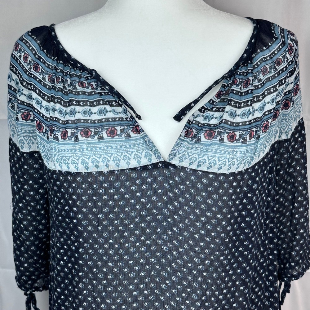 Lucky Brand Navy Blue Boho‎ Floral Peasant Blouse 3/4 Tie Sleeve Medium 7W45264